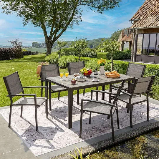 Juego de comedor para patio, 7 piezas, marco de metal, muebles de exterior con 6 sillas de textileno y mesa rectangular, juego de conversación de cocina familiar para patio trasero, césped, terraza (café)