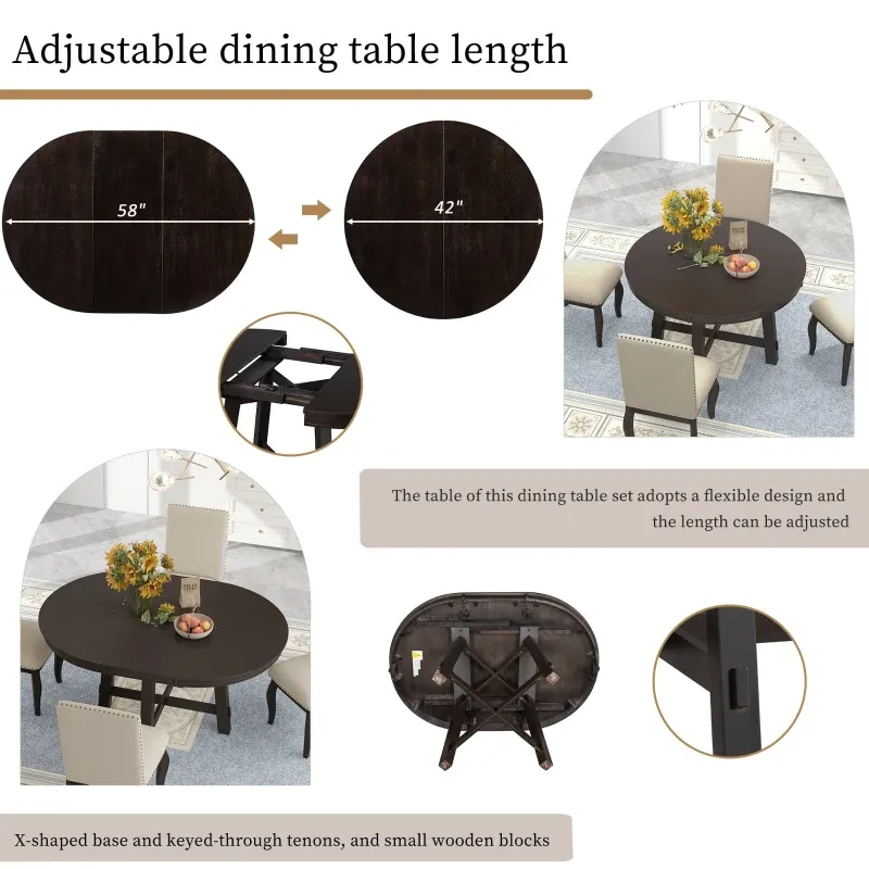 Juego de mesa de comedor de 5 piezas, mesa redonda extensible con base en forma de X y 4 sillas tapizadas, longitud ajustable de 42 a 58 pulgadas