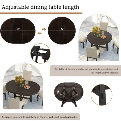 Juego de mesa de comedor de 5 piezas, mesa redonda extensible con base en forma de X y 4 sillas tapizadas, longitud ajustable de 42 a 58 pulgadas