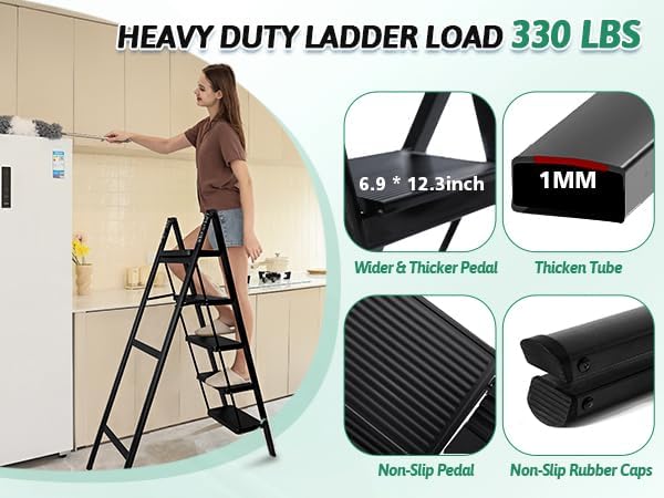 Escalera plegable de 5 peldaños de carga de 350 libras para el hogar/interior, escalera alta de cocina/clóset para adultos, escalera ligera compacta con pedal ancho antideslizante, color