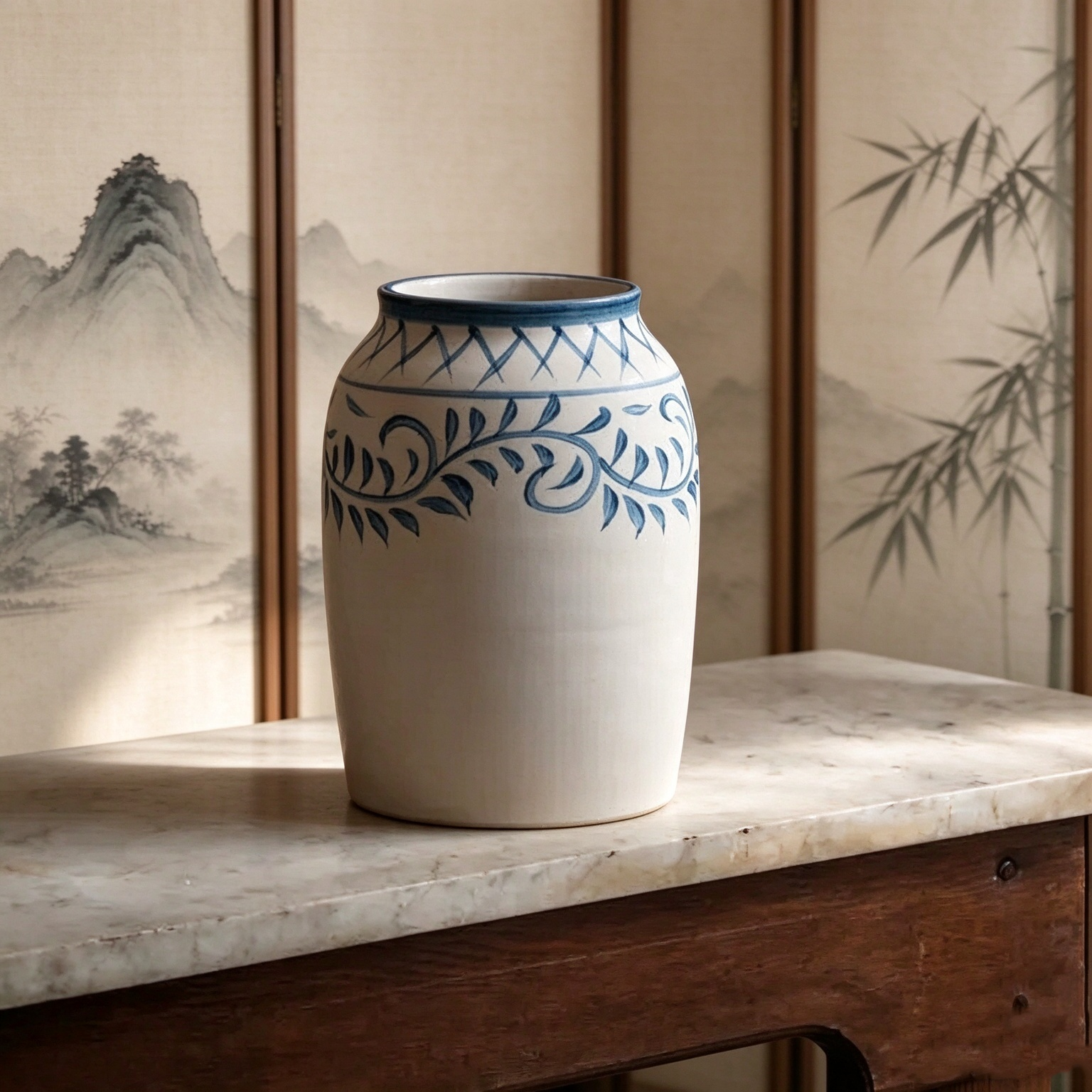 Ceramic vase with blue vine pattern, farmhouse-style decorative vessel