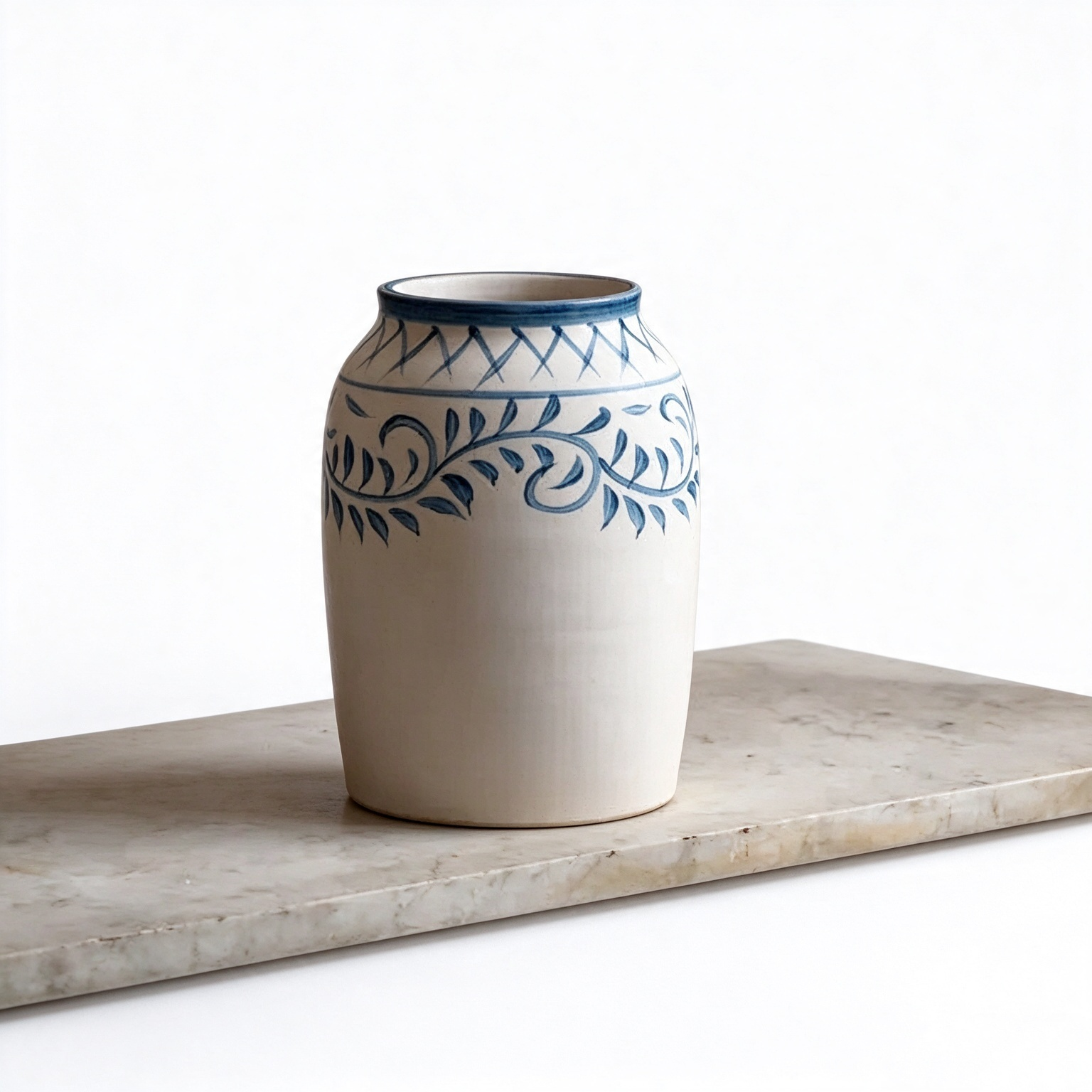 Ceramic vase with blue vine pattern, farmhouse-style decorative vessel