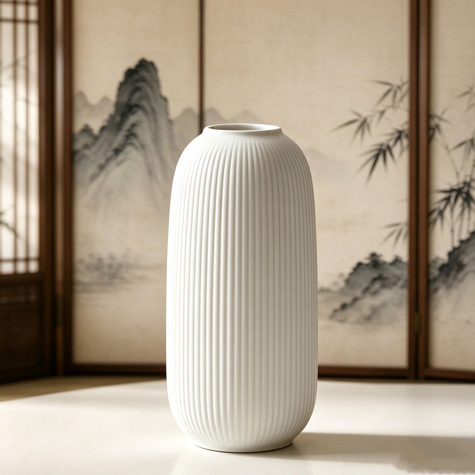 Matte White Ribbed Ceramic Vase, Minimalist Vertical Fluted Decor Vase for Home Styling