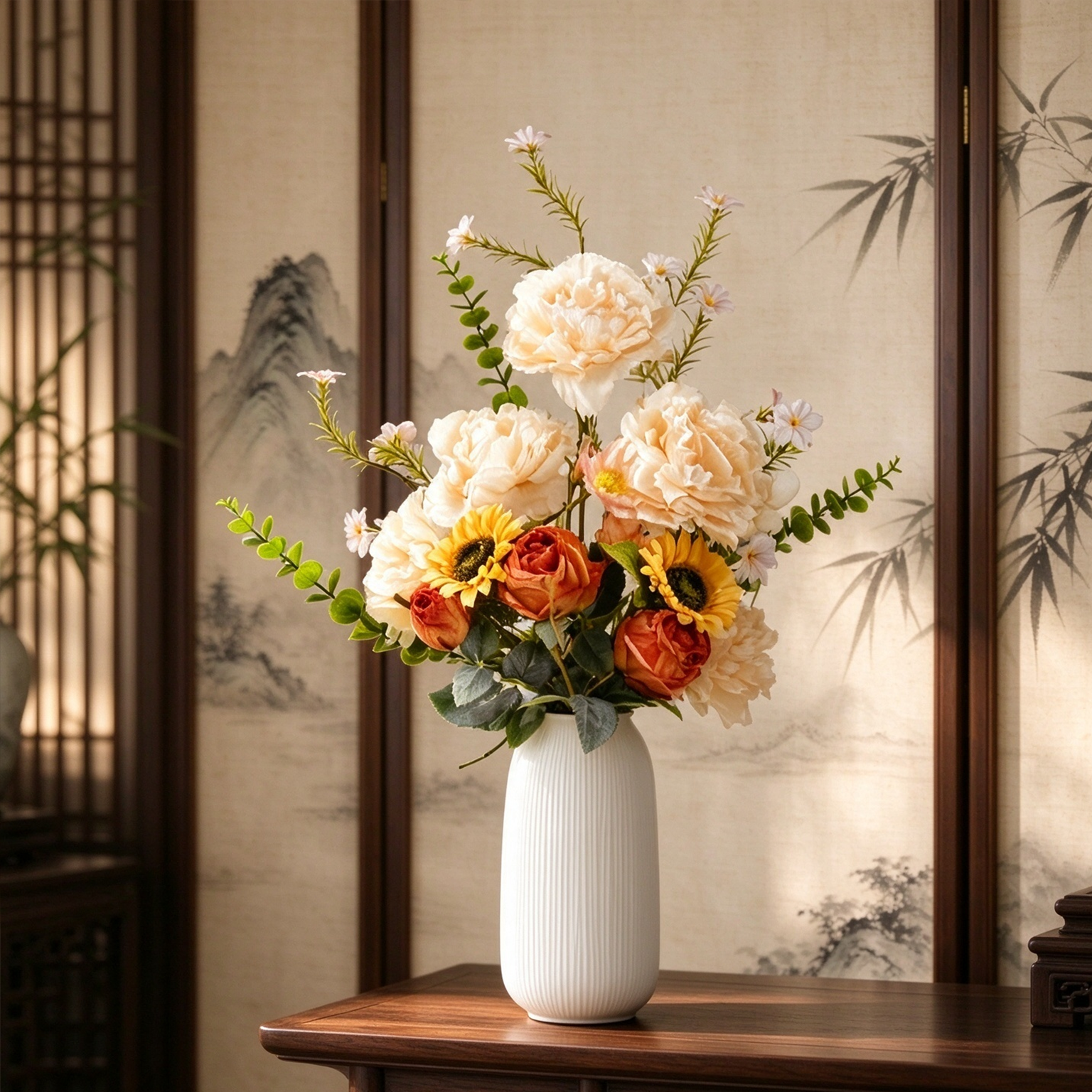 Matte White Ribbed Ceramic Vase, Minimalist Vertical Fluted Decor Vase for Home Styling