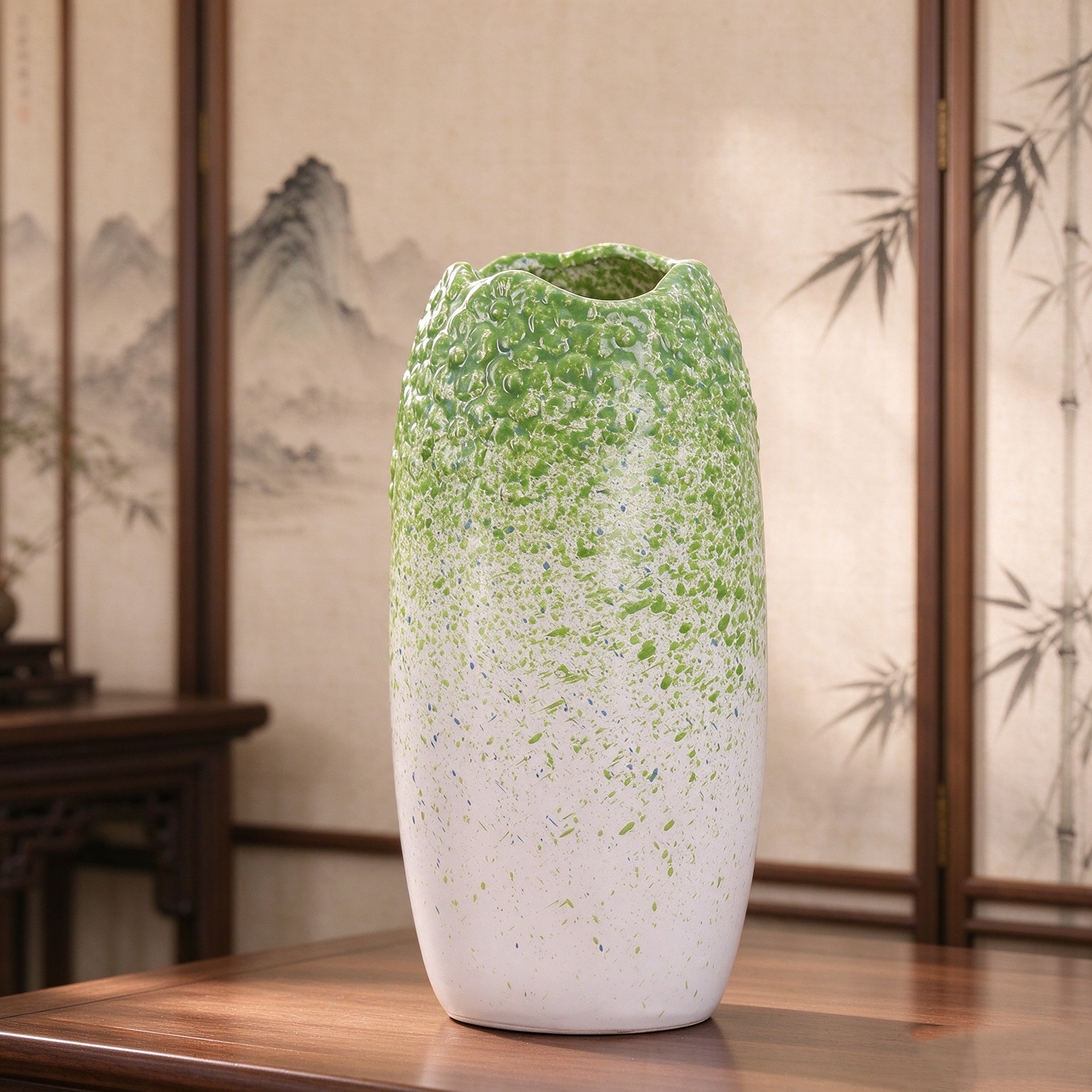 Green Gradient Speckled Ceramic Vase, Textured Glaze Tall Decor Vase for Floral Arrangements