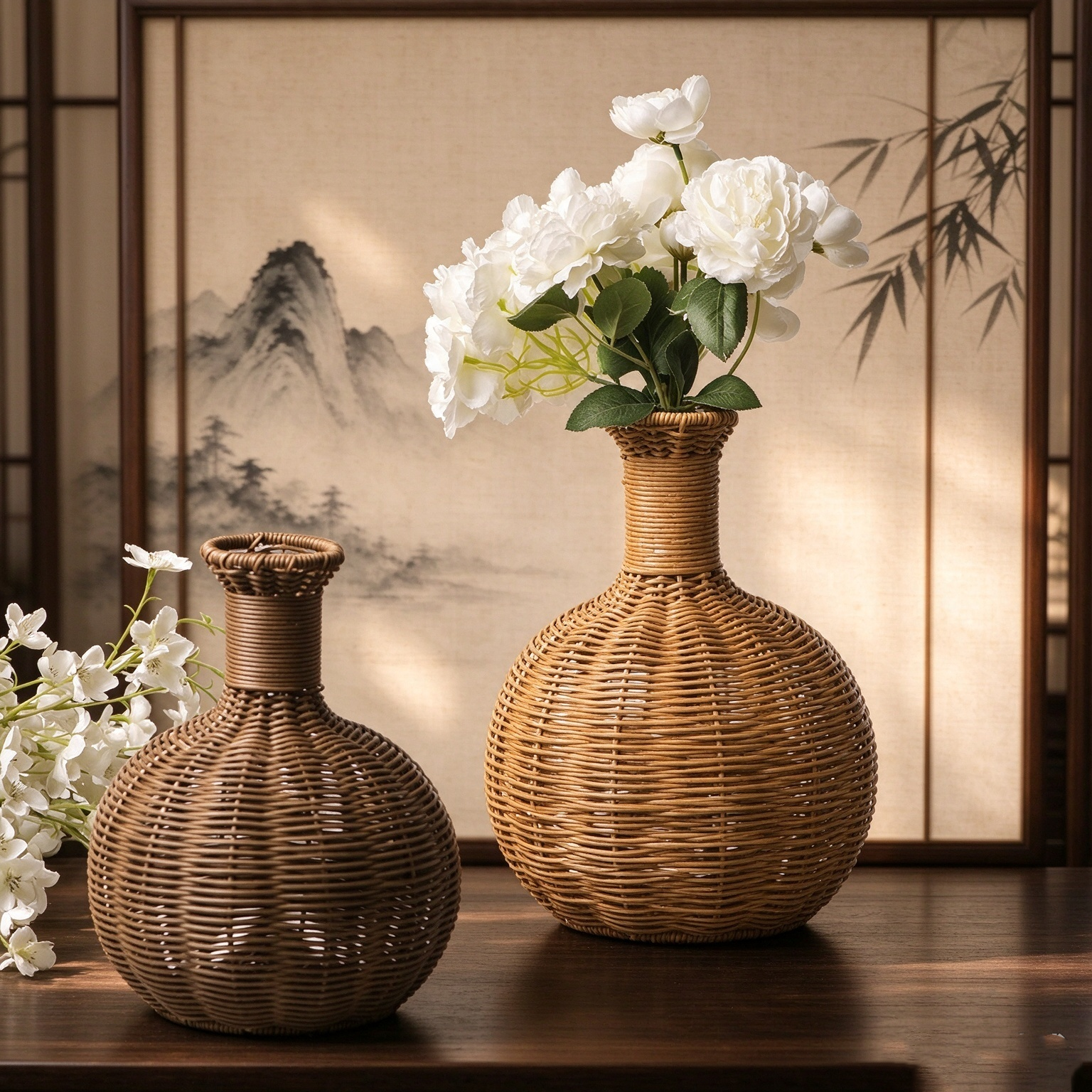Rattan Woven Vase, Slim Neck Wicker Decor Vessel for Dried Botanicals