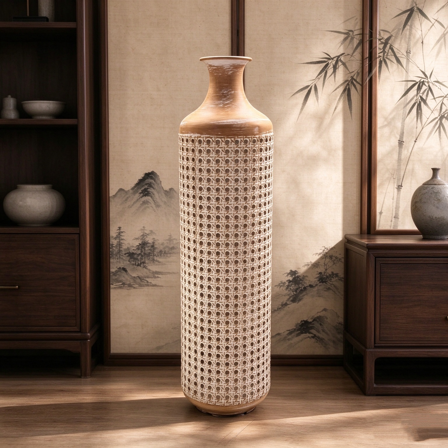 Tall Cane Weave Textured Floor Vase, Slim Cylindrical Decor Vessel for Dried Florals