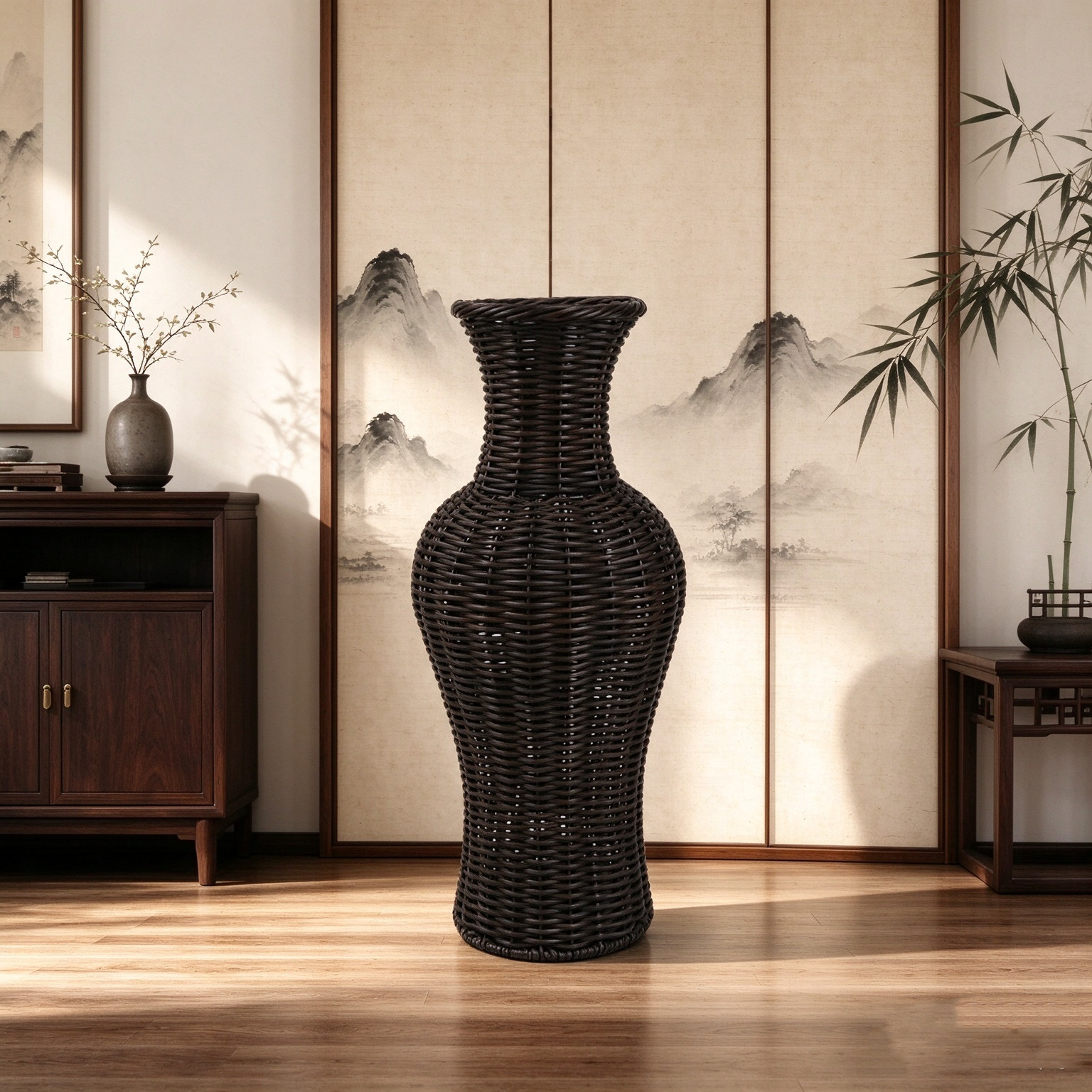 Dark Brown Imitation Rattan Woven Vase, Guanyin Vase Shape Wicker Decor Vessel for Dried Flowers