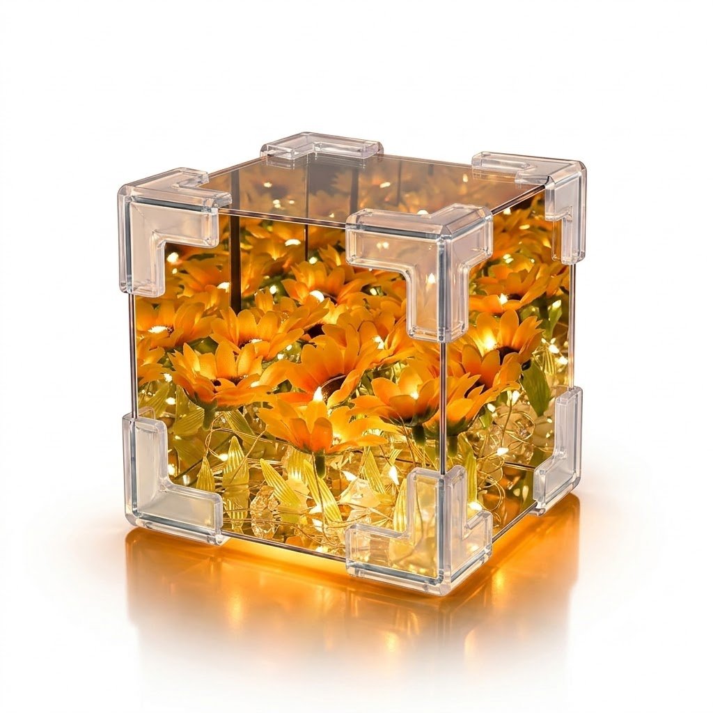 DIY Sunflower Cube Mirror Night Light, Infinite Sea of Flowers Desk Lamp