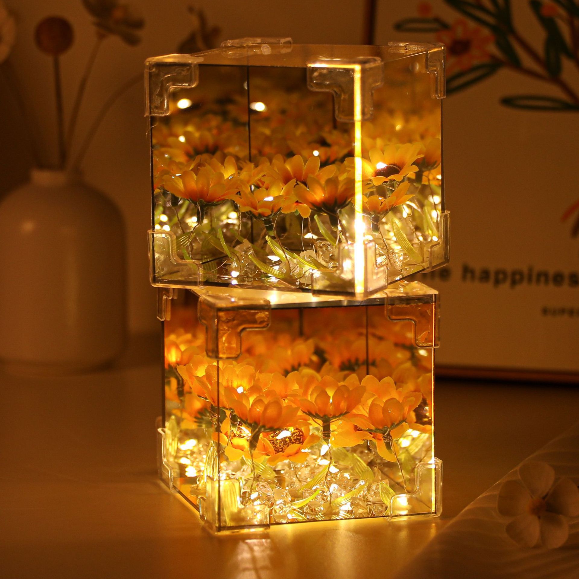 DIY Sunflower Cube Mirror Night Light, Infinite Sea of Flowers Desk Lamp