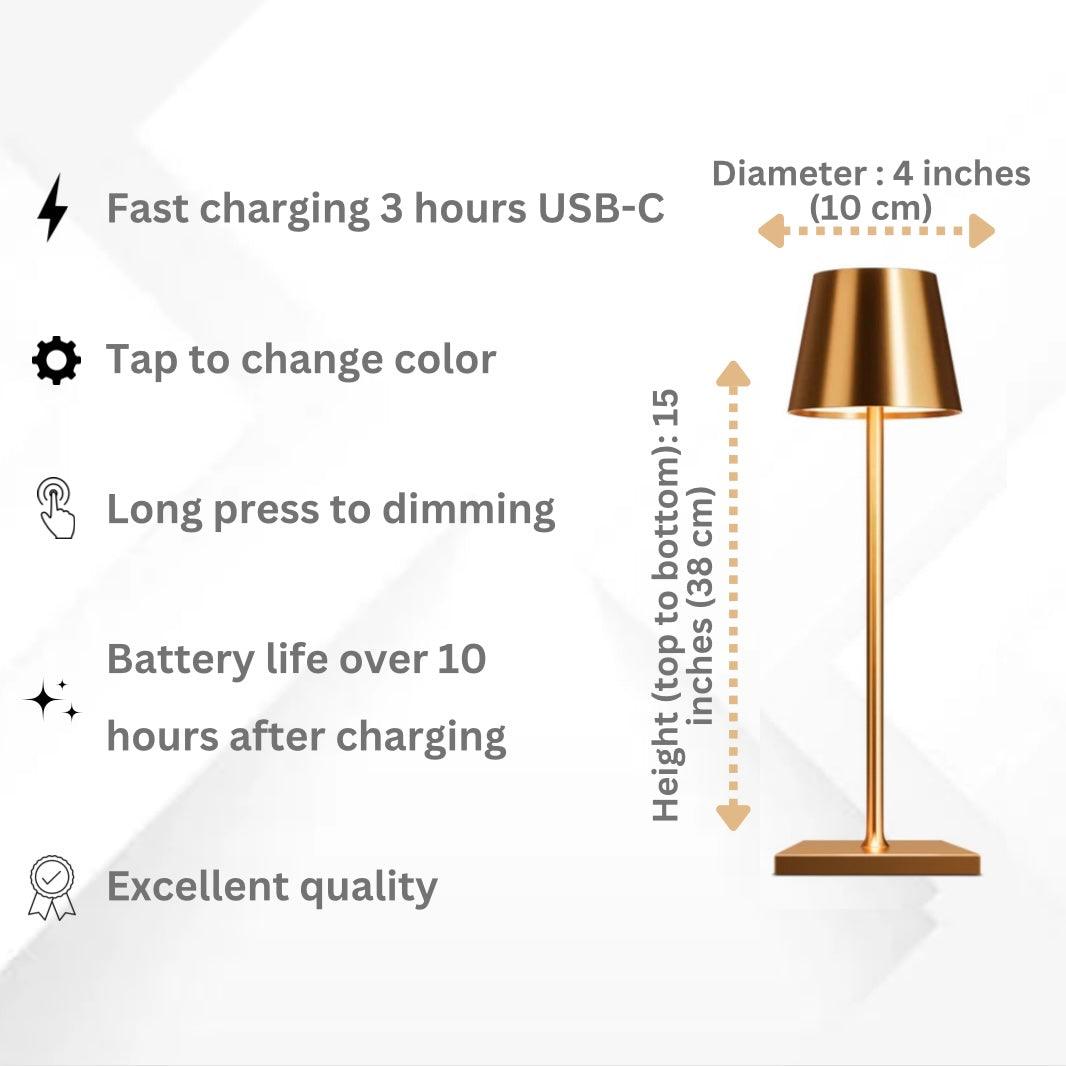 Brass Rechargeable Cordless Table Lamp, Minimalist Metal Portable LED Desk Lamp 