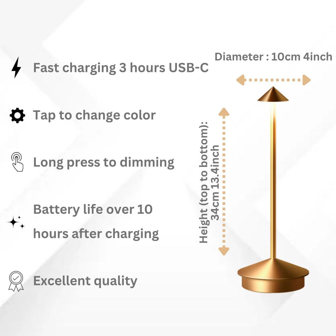 Gold Cordless Dimmable Table Lamp, USB-C Rechargeable LED Lamp