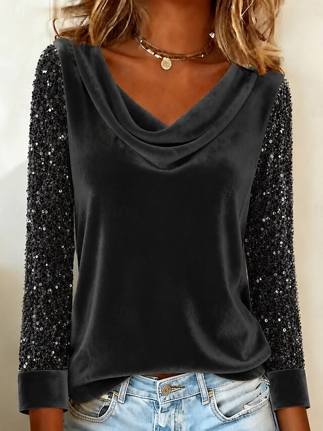 Women Cowl Neck Velvet Blouse, Sparkle Sequin Long Sleeve Elegant Party Top for Evening Night Out