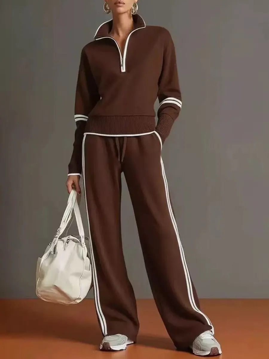 Women's Casual Two-piece Set Featuring A Half-zip Cotton Sweatshirt And Pants With Color-block Piping