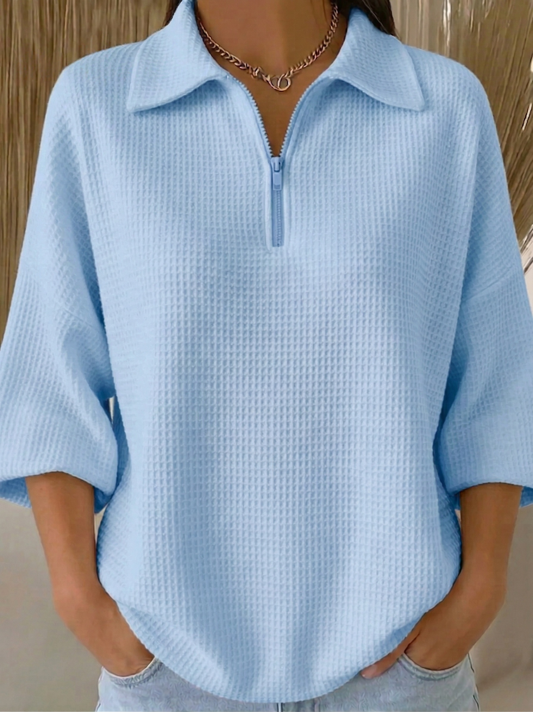 Women's Casual Polo Zipper 4/3 Sleeves Waffle-knit T-shirt