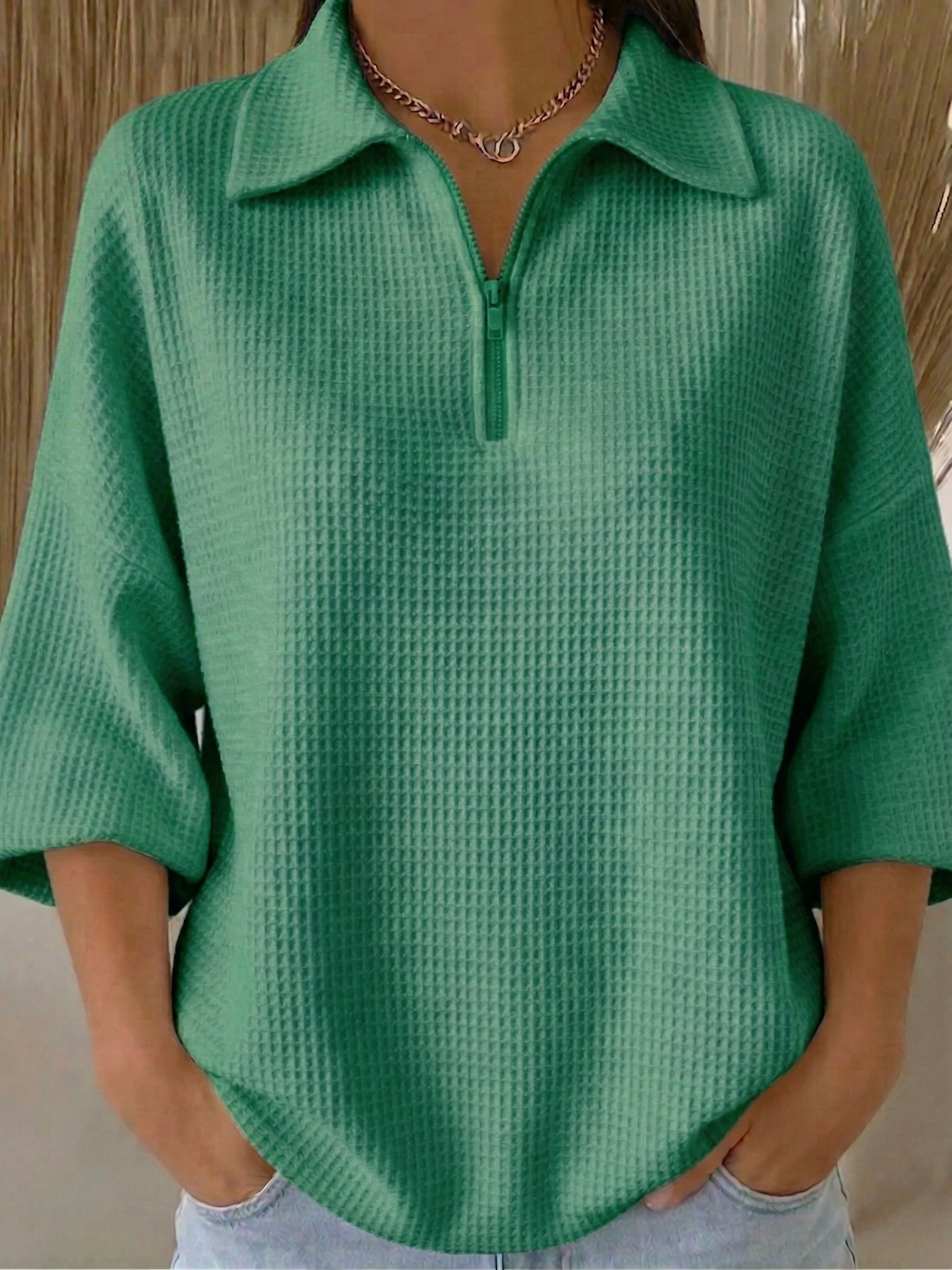 Women's Casual Polo Zipper 4/3 Sleeves Waffle-knit T-shirt