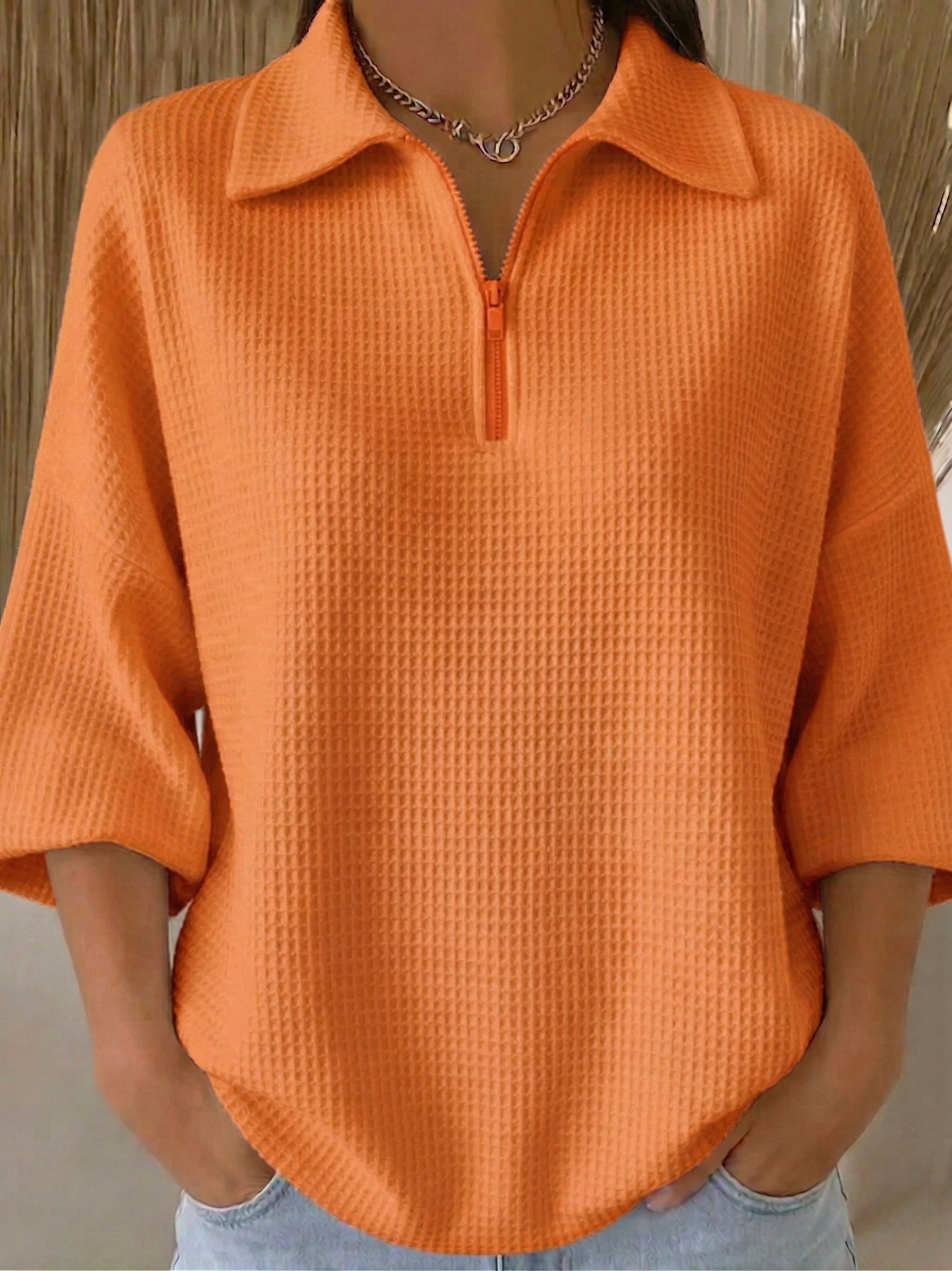 Women's Casual Polo Zipper 4/3 Sleeves Waffle-knit T-shirt