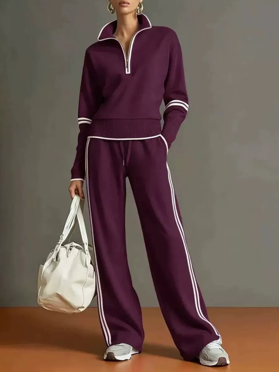Women's Casual Two-piece Set Featuring A Half-zip Cotton Sweatshirt And Pants With Color-block Piping