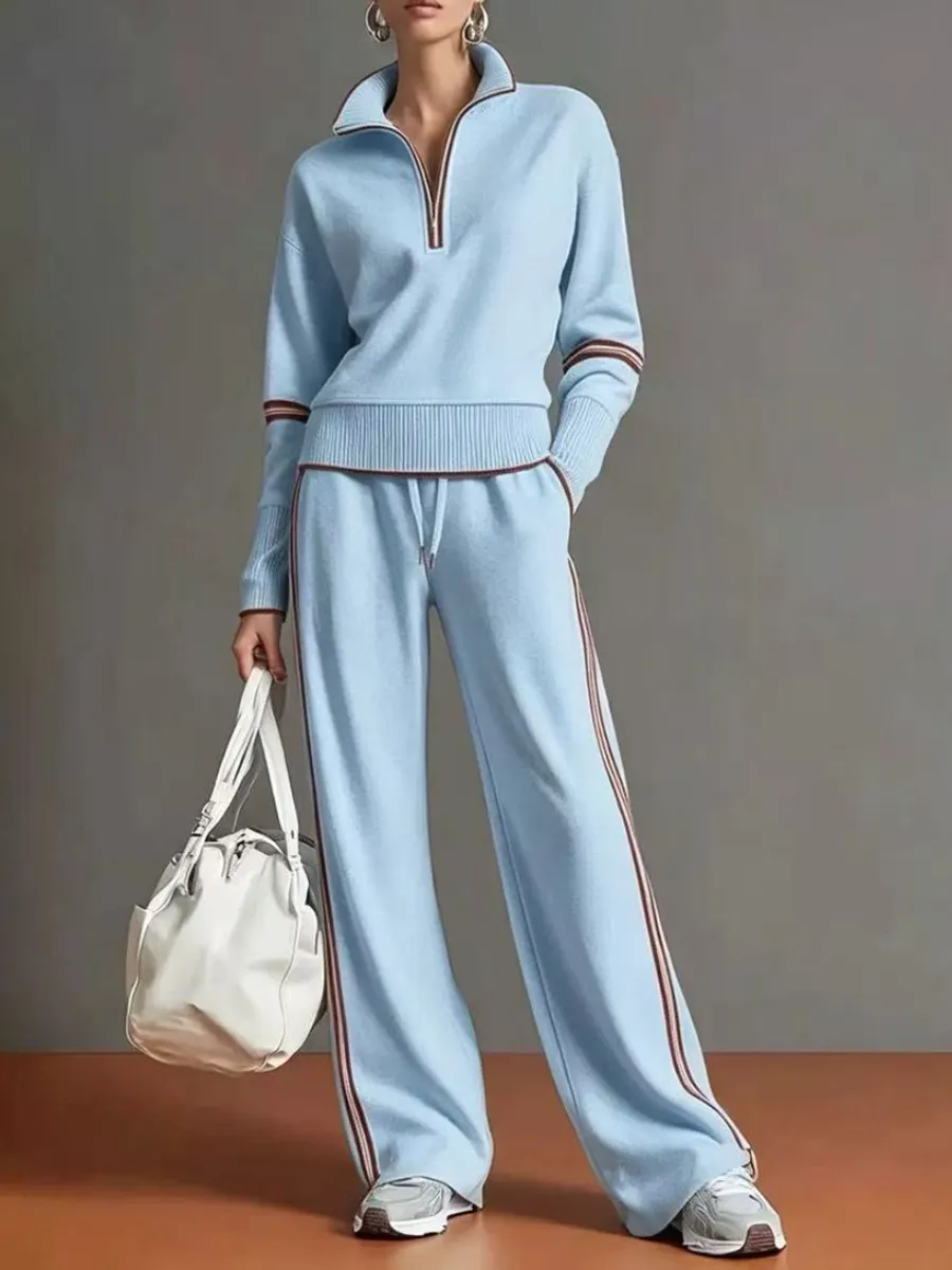 Women's Casual Two-piece Set Featuring A Half-zip Cotton Sweatshirt And Pants With Color-block Piping