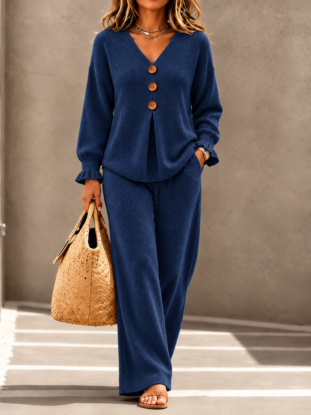 Women 2 Piece Knit Outfit Set, V-Neck Button Long Sleeve Ruffle Top & Wide Leg Pants Casual Loungewear