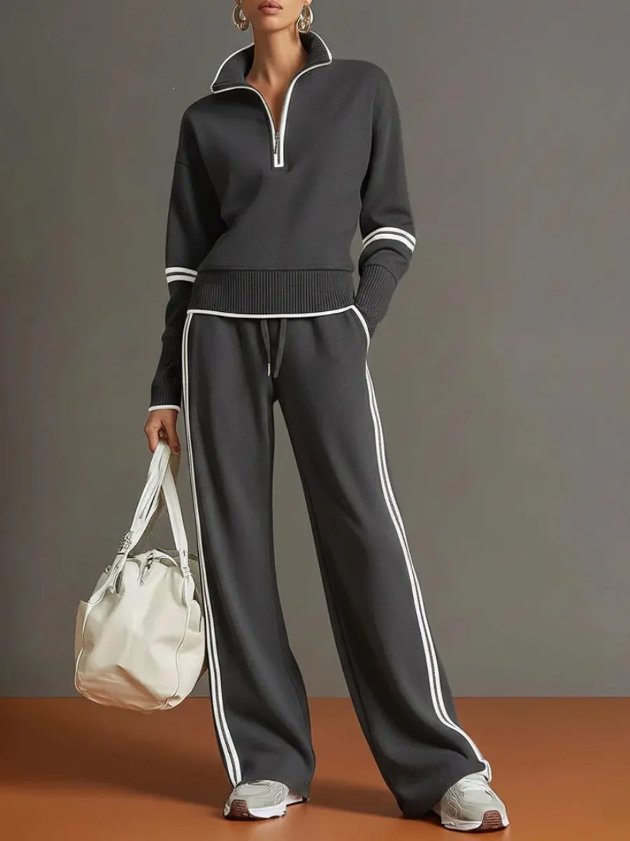 Women's Casual Two-piece Set Featuring A Half-zip Cotton Sweatshirt And Pants With Color-block Piping