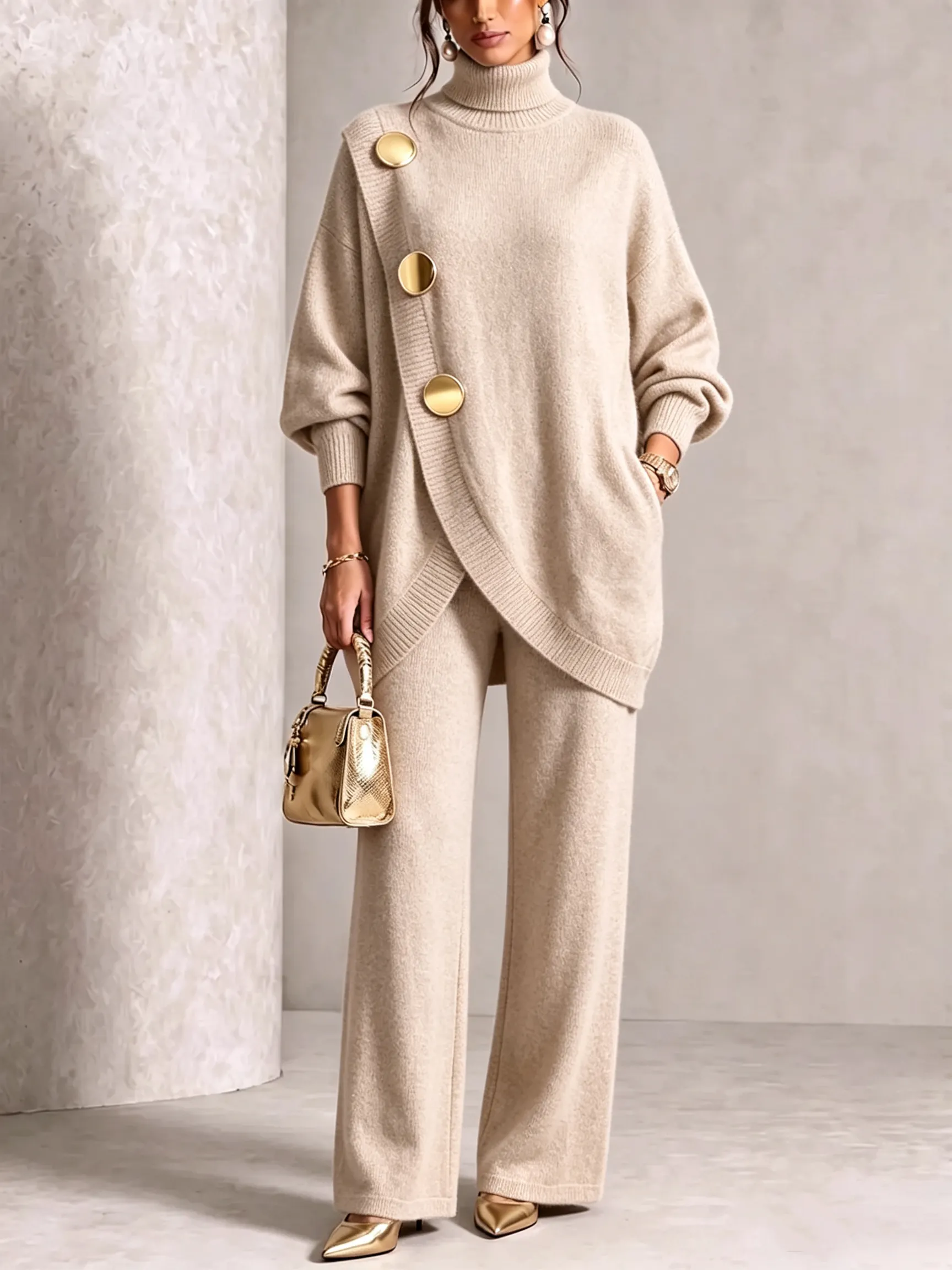 Gold-Button Asymmetric Knit Lounge Set