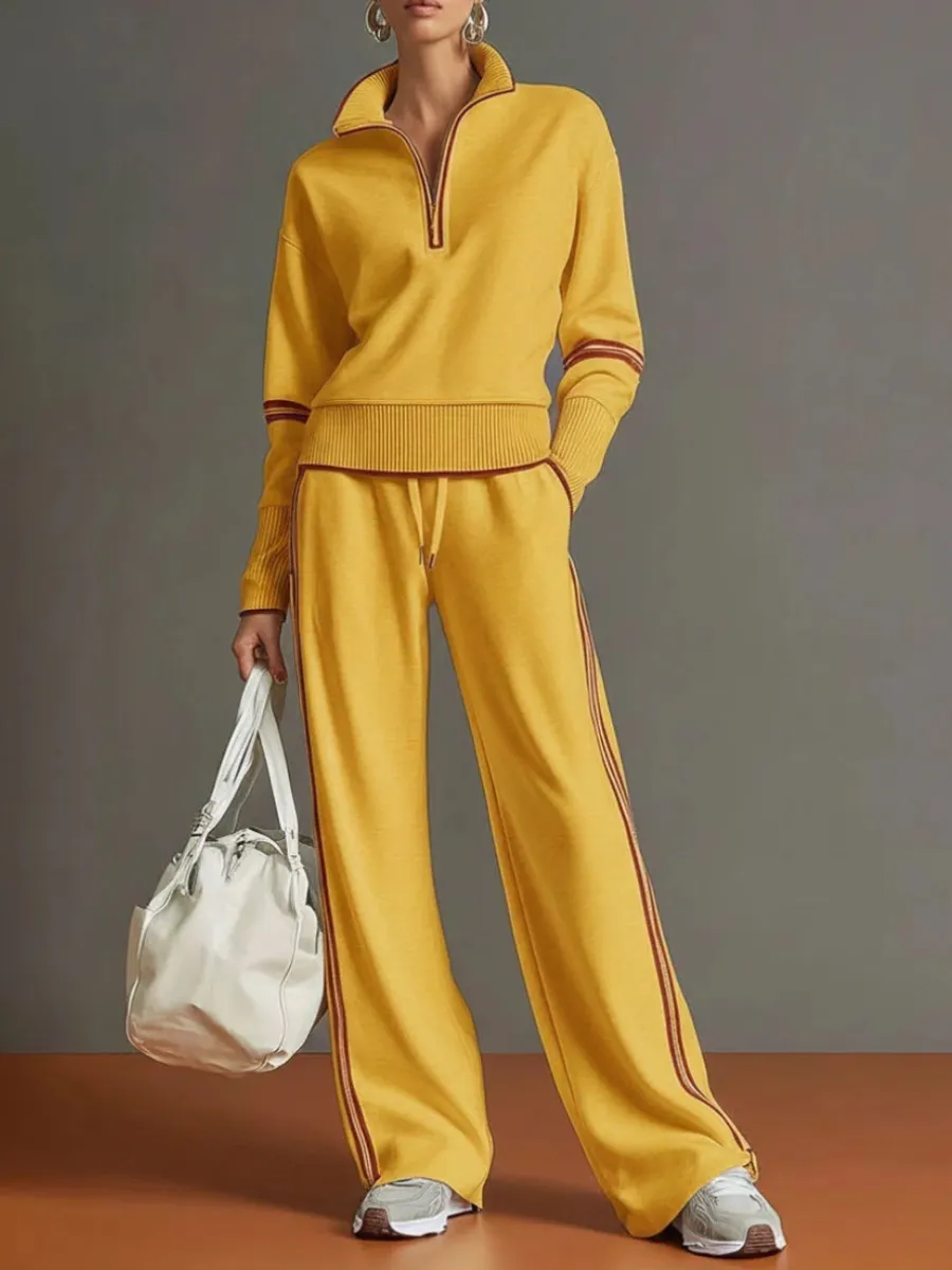 Women's Casual Two-piece Set Featuring A Half-zip Cotton Sweatshirt And Pants With Color-block Piping