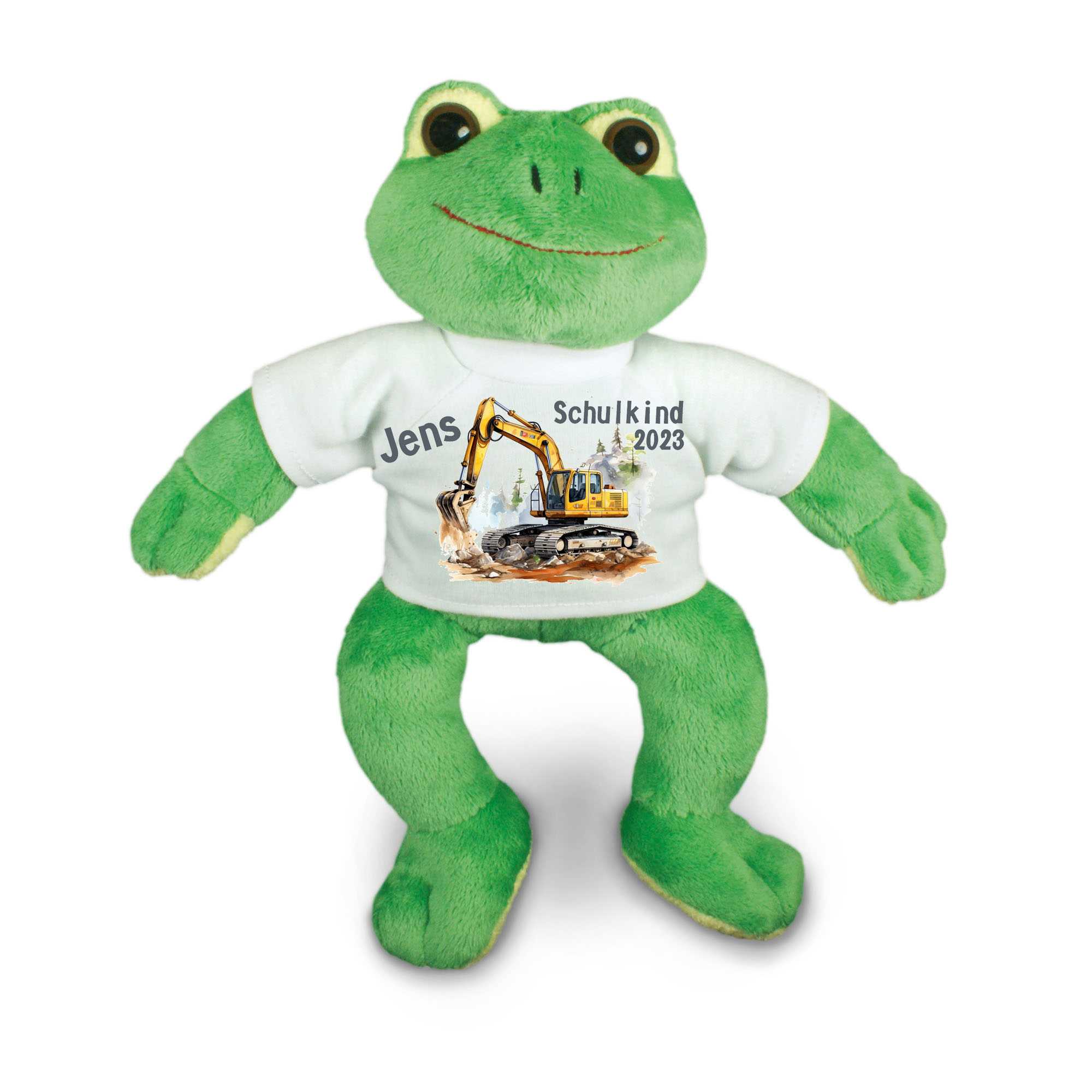 personalisierter Frosch Bagger gelb/grau Kuscheltier für die Zuckertüte