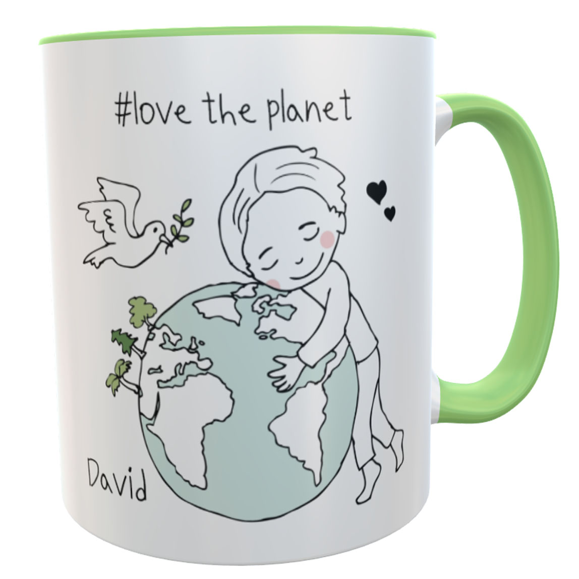 Tasse love the planet Friedenstaube Junge mit Namen grün