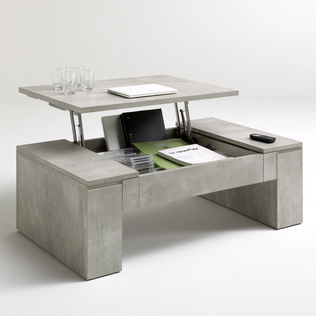 Moderner Couchtisch, mit klarer Formgebung, mit anhebbarer Platte, Farbe: grau-firshopco