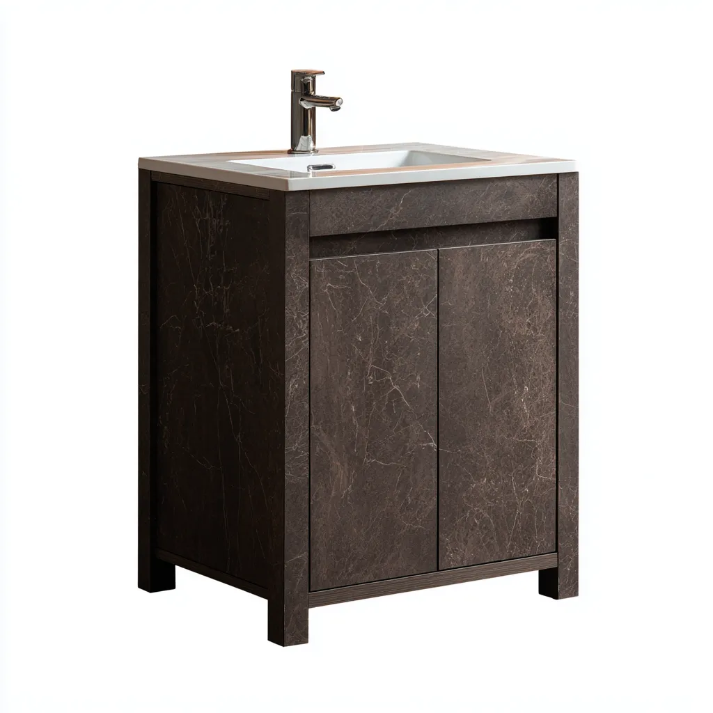 Lavabo de baño con mueble 62×46×84 cm - marrón/blanco - acabado efecto piedra para baño moderno-Dodialiving