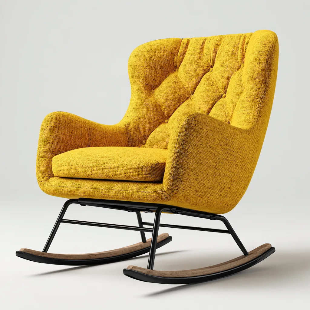 Sala de estar Mecedora tapizada 78x95x102 cm - amarillo y negro - respaldo capitoné con base curva de madera-Zaviarastudio