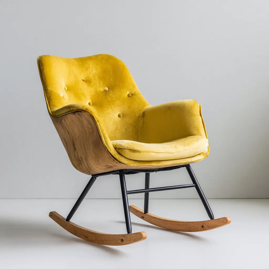 Mecedora de tela 78×92×101 cm - amarillo/marrón/negro - respaldo alto y base curva para sala de estar-Zaviarastudio