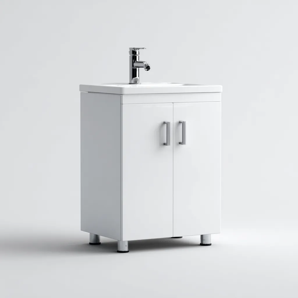 Lavabo de baño con mueble 56×42×82 cm - blanco/plata - formato compacto con almacenaje cerrado para baño-Zaviarastudio