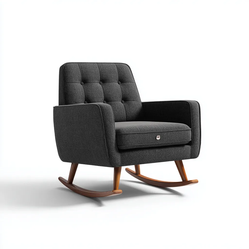 Mecedora de tela 77×90×96 cm - gris oscuro/marrón - respaldo capitoné y base de madera para sala de estar-Zaviarastudio
