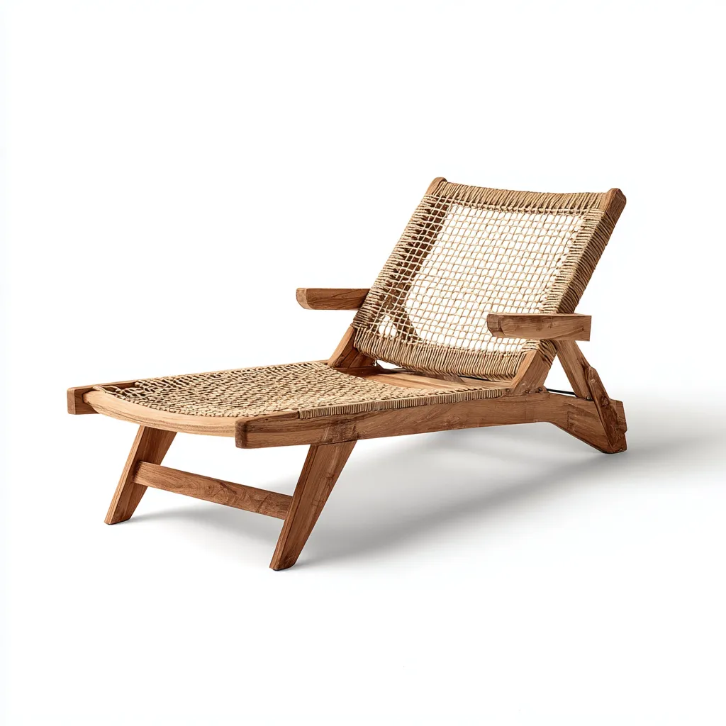 Tumbona de playa 165×68×82 cm - madera natural/beige - para exterior con respaldo reclinado y asiento trenzado-Zaviarastudio