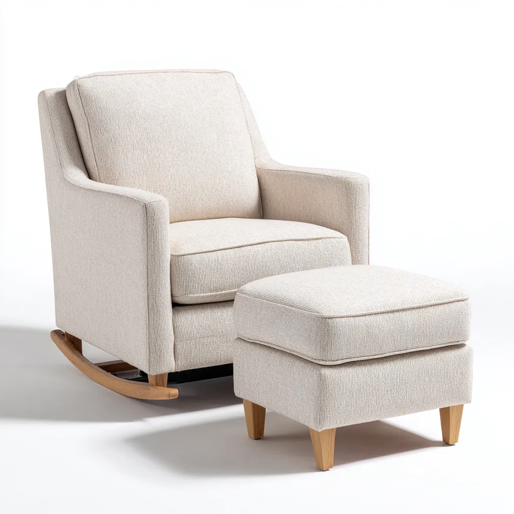 Mecedora para sala de estar 140×90×98 cm - crema/madera - tejido con reposapiés y estructura curvada-Racorpahome