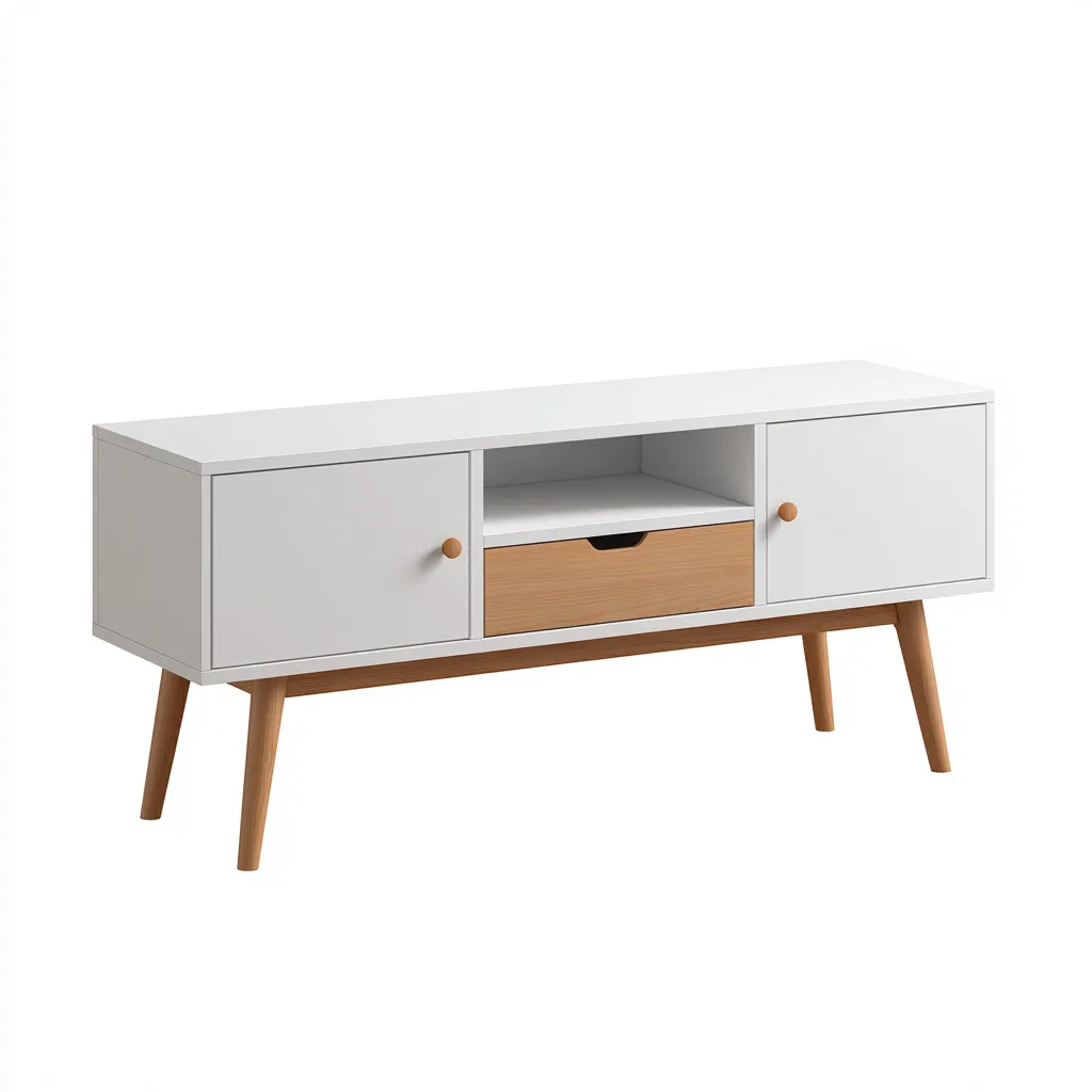 Mueble para TV 140×39×58 cm - blanco/marrón - de madera para sala de estar con almacenaje-Vinoracorner