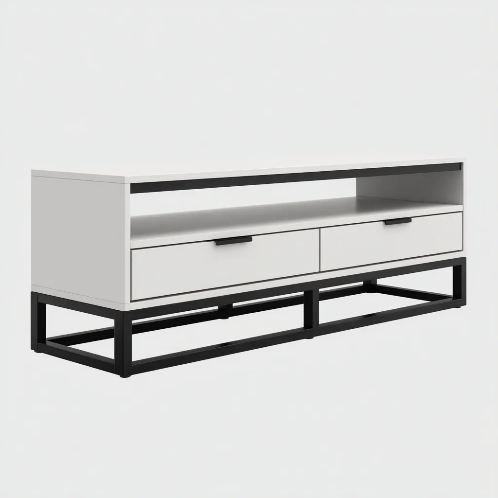 Mueble para TV 150x40x60 cm - blanco y negro - estructura elevada con espacio abierto para sala de estar-Liraiocorner