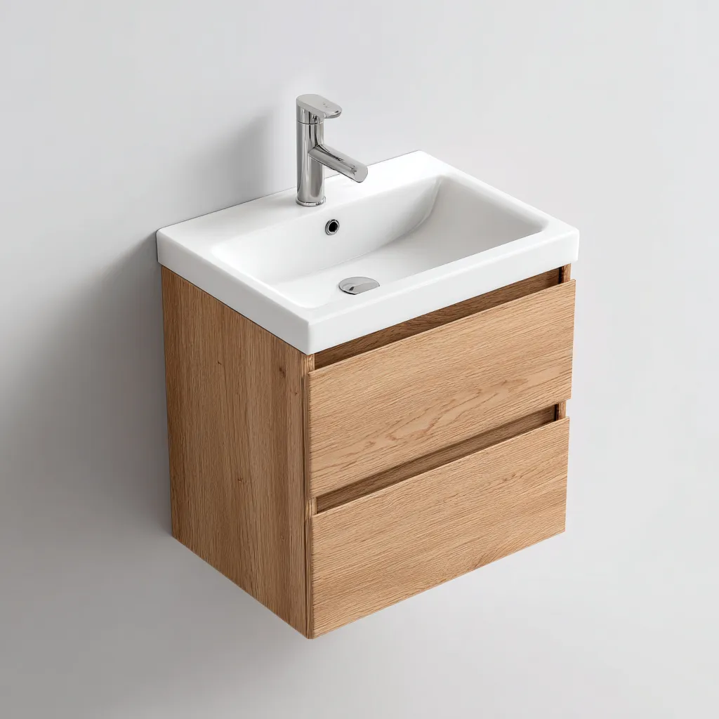 Lavabo con mueble suspendido 60×45×58 cm – madera/blanco – diseño natural moderno para baño-Liraiocorner