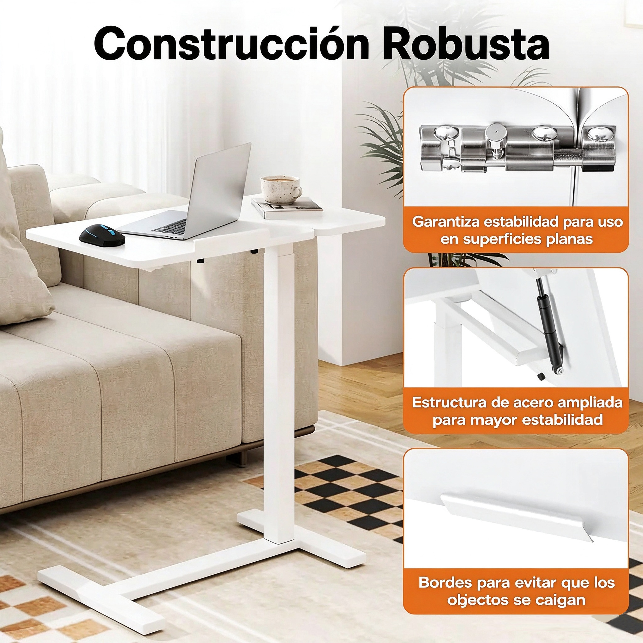 Mesa auxiliar ajustable con ruedas para colocar sobre la cama; escritorio móvil y versátil para portátil con bandeja inclinable y altura regulable.