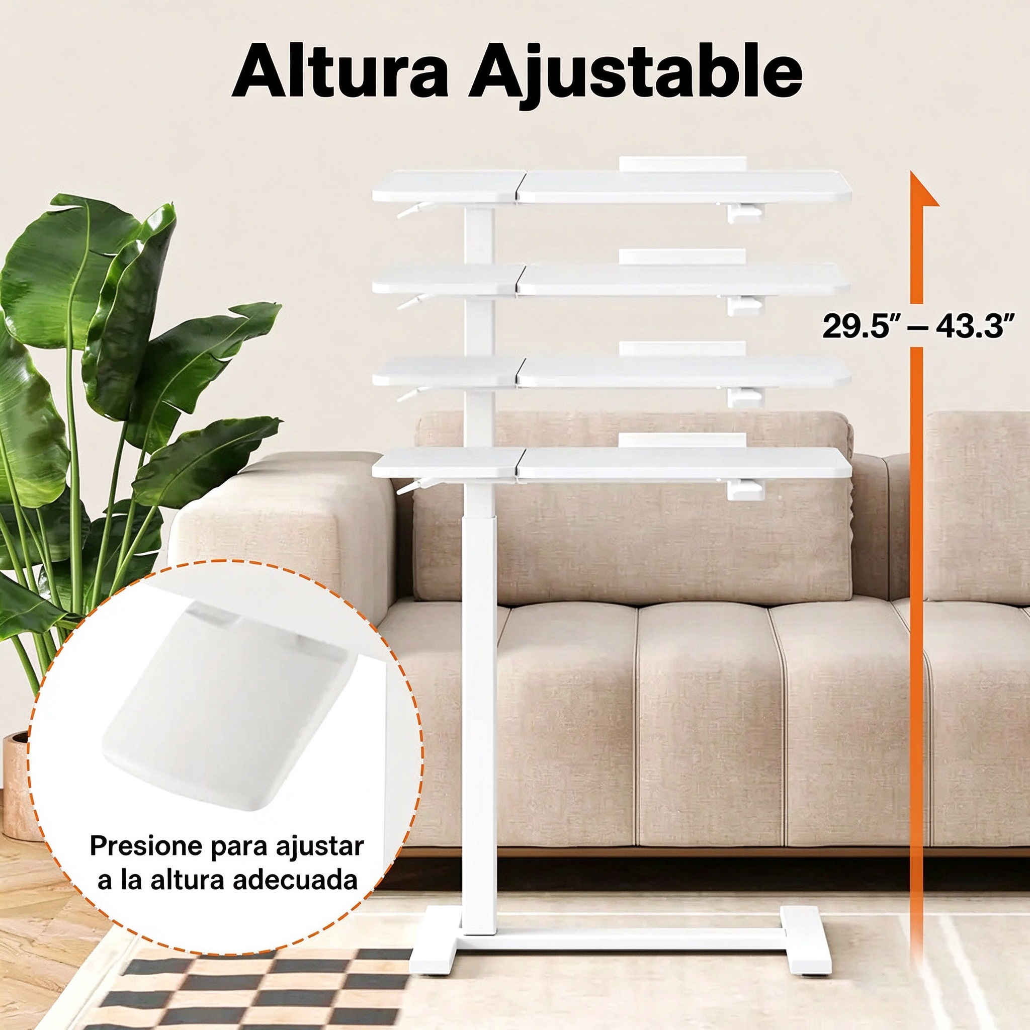 Mesa auxiliar ajustable con ruedas para colocar sobre la cama; escritorio móvil y versátil para portátil con bandeja inclinable y altura regulable.