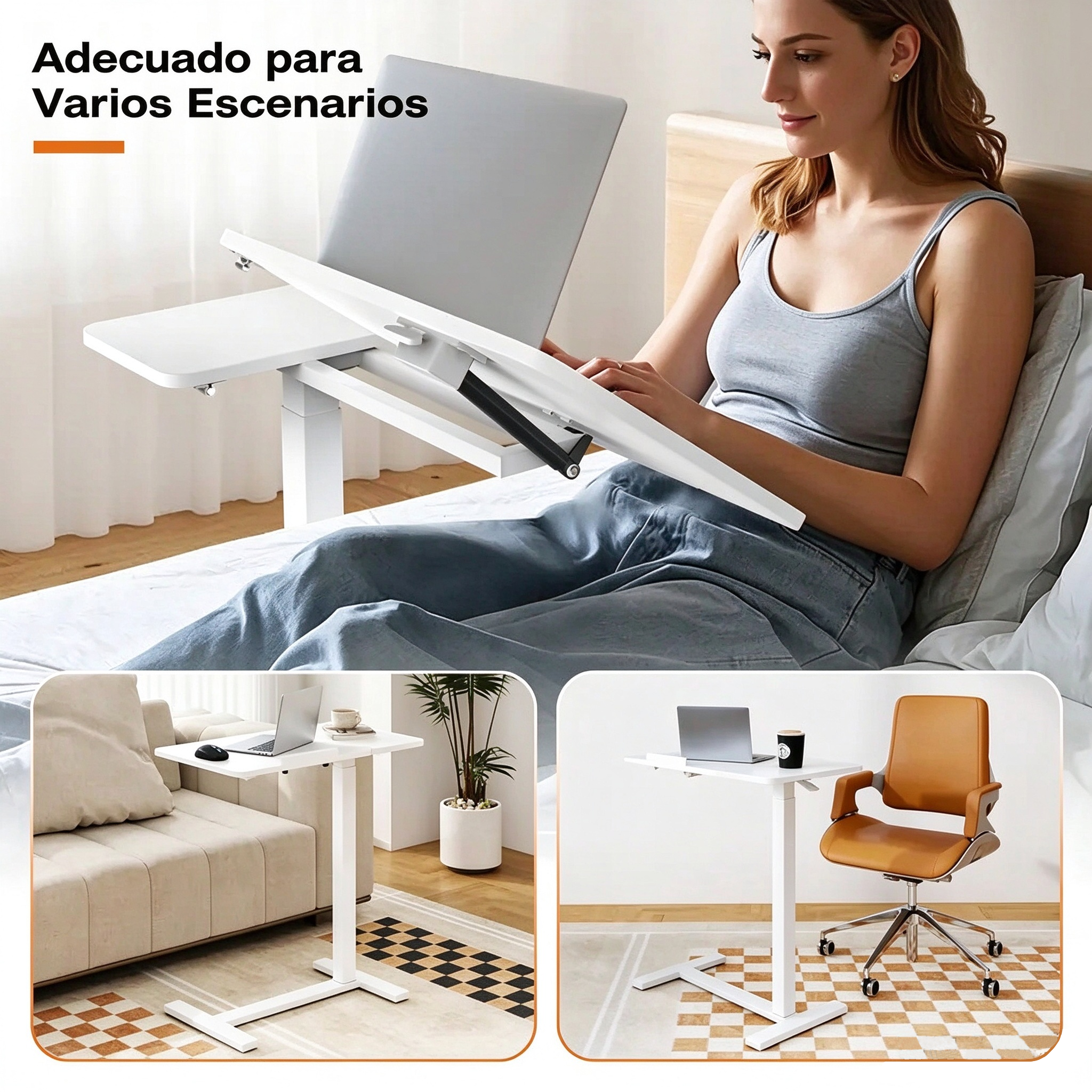 Mesa auxiliar ajustable con ruedas para colocar sobre la cama; escritorio móvil y versátil para portátil con bandeja inclinable y altura regulable.