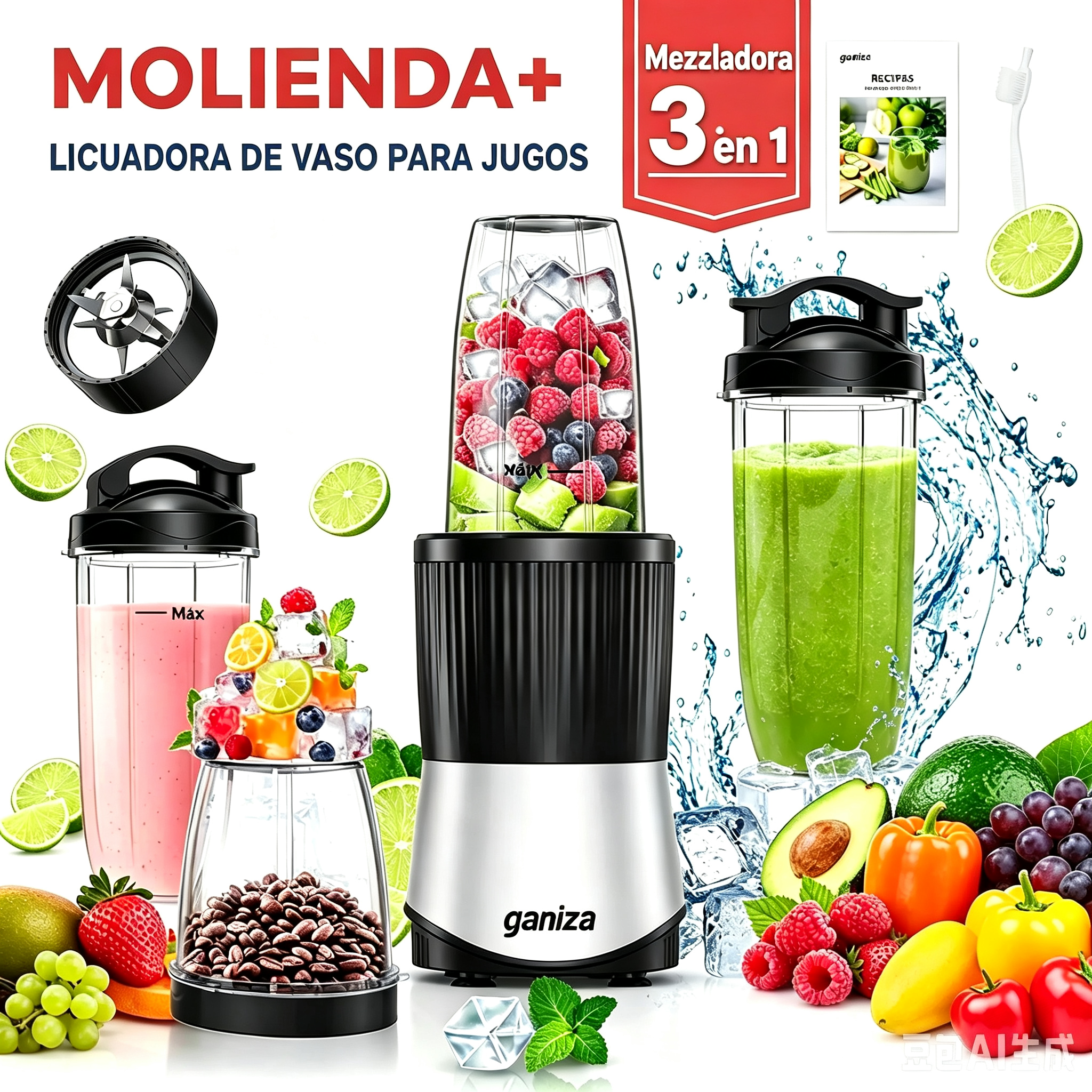 Ganiza Licuadora de batidos, batidos y batidos de 900 W