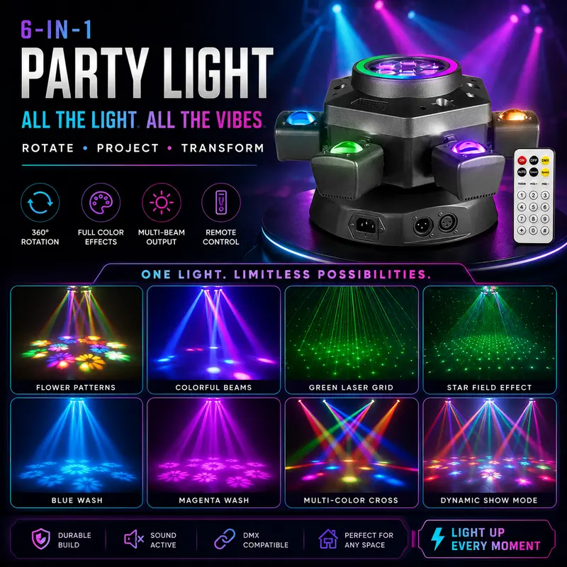 Luz de Fiesta DJ 120W RGBW con Cabeza Móvil 6 Ojos Láser y Efectos Estroboscópicos