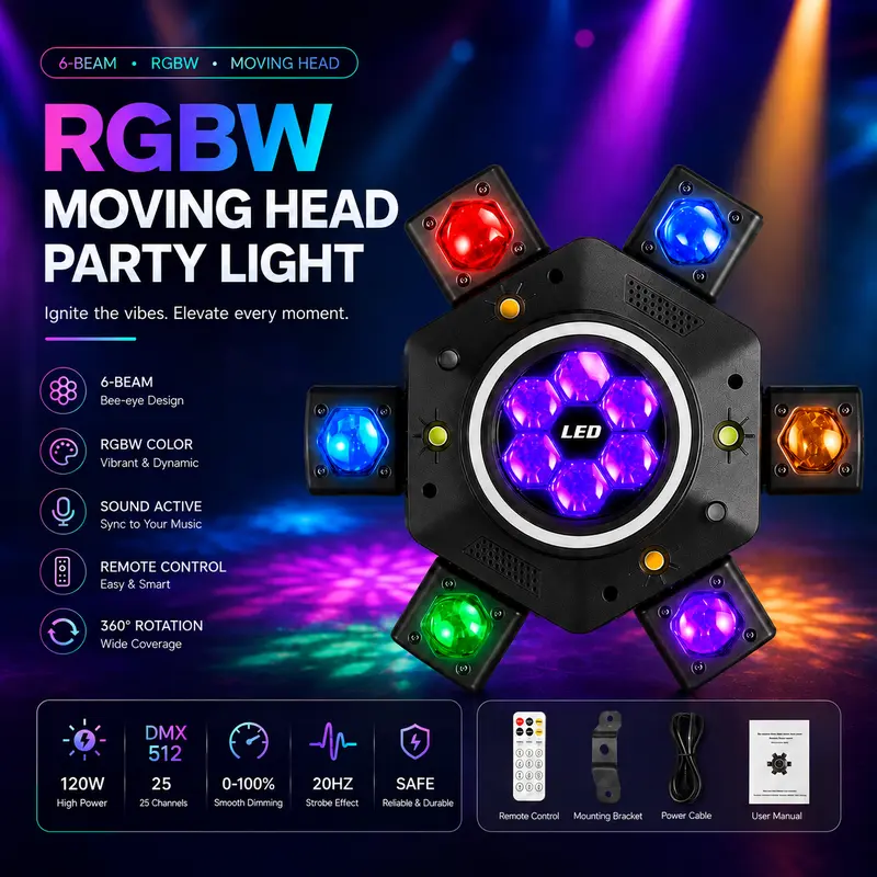 Luz de Fiesta DJ 120W RGBW con Cabeza Móvil 6 Ojos Láser y Efectos Estroboscópicos