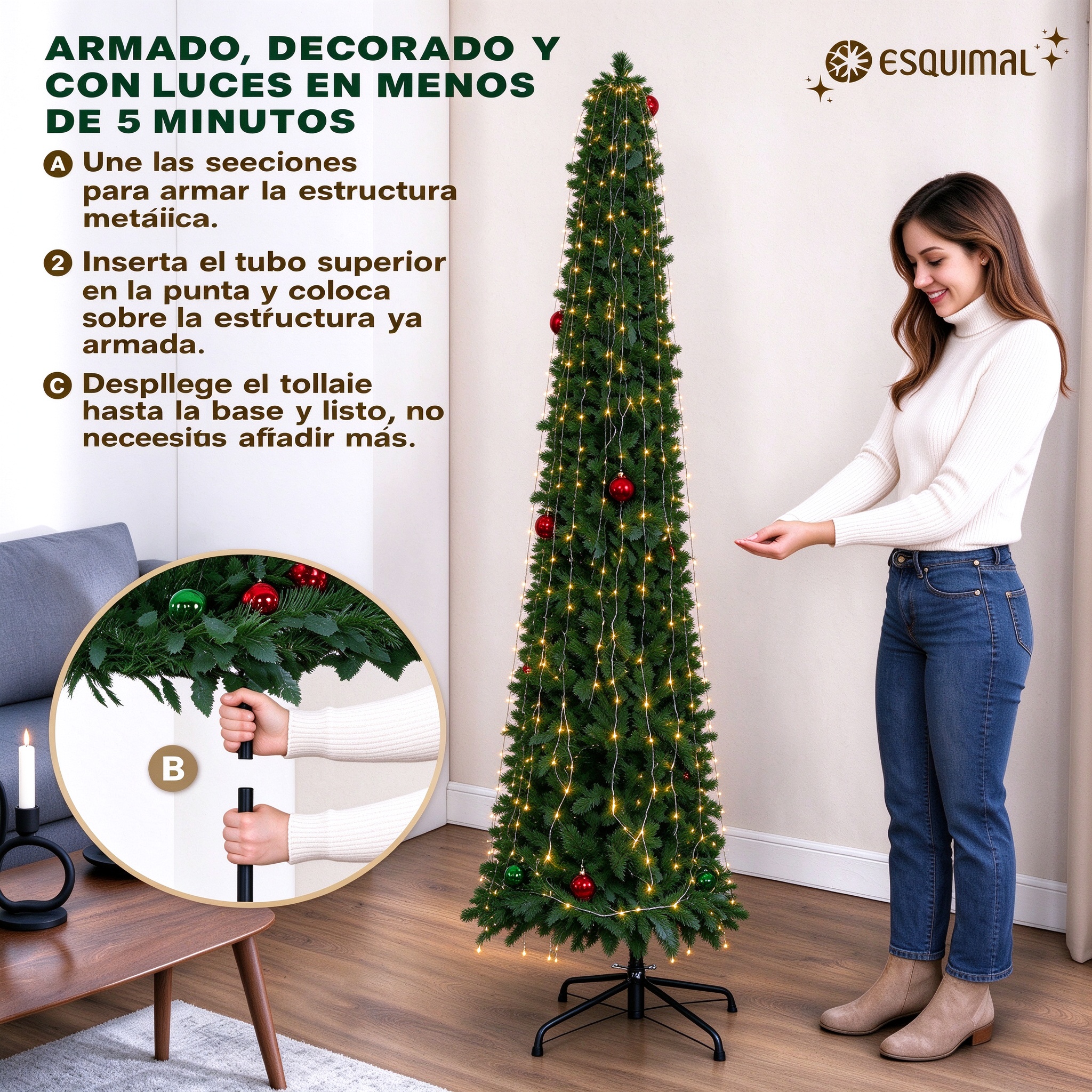ESQUIMAL Árbol de Navidad con Luces Integradas 1.80 m Verde y Dorado