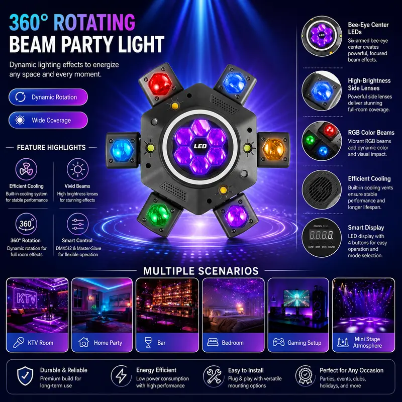 Luz de Fiesta DJ 120W RGBW con Cabeza Móvil 6 Ojos Láser y Efectos Estroboscópicos