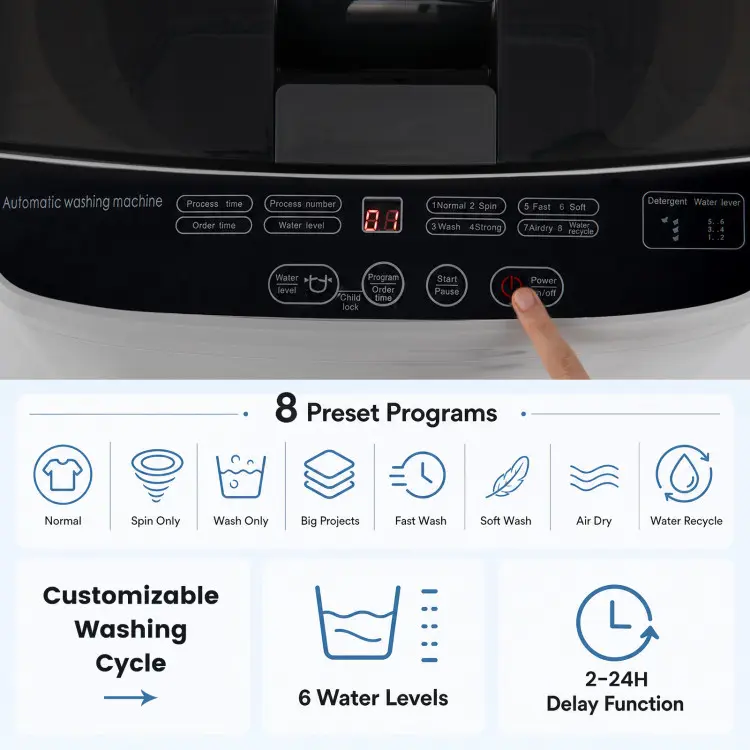 Lavadora portátil totalmente automática COSTWAY con pantalla LED y bomba de drenaje; combinación compacta de lavadora y secadora para el hogar, dormitorios, apartamentos, autocaravanas y campamentos.