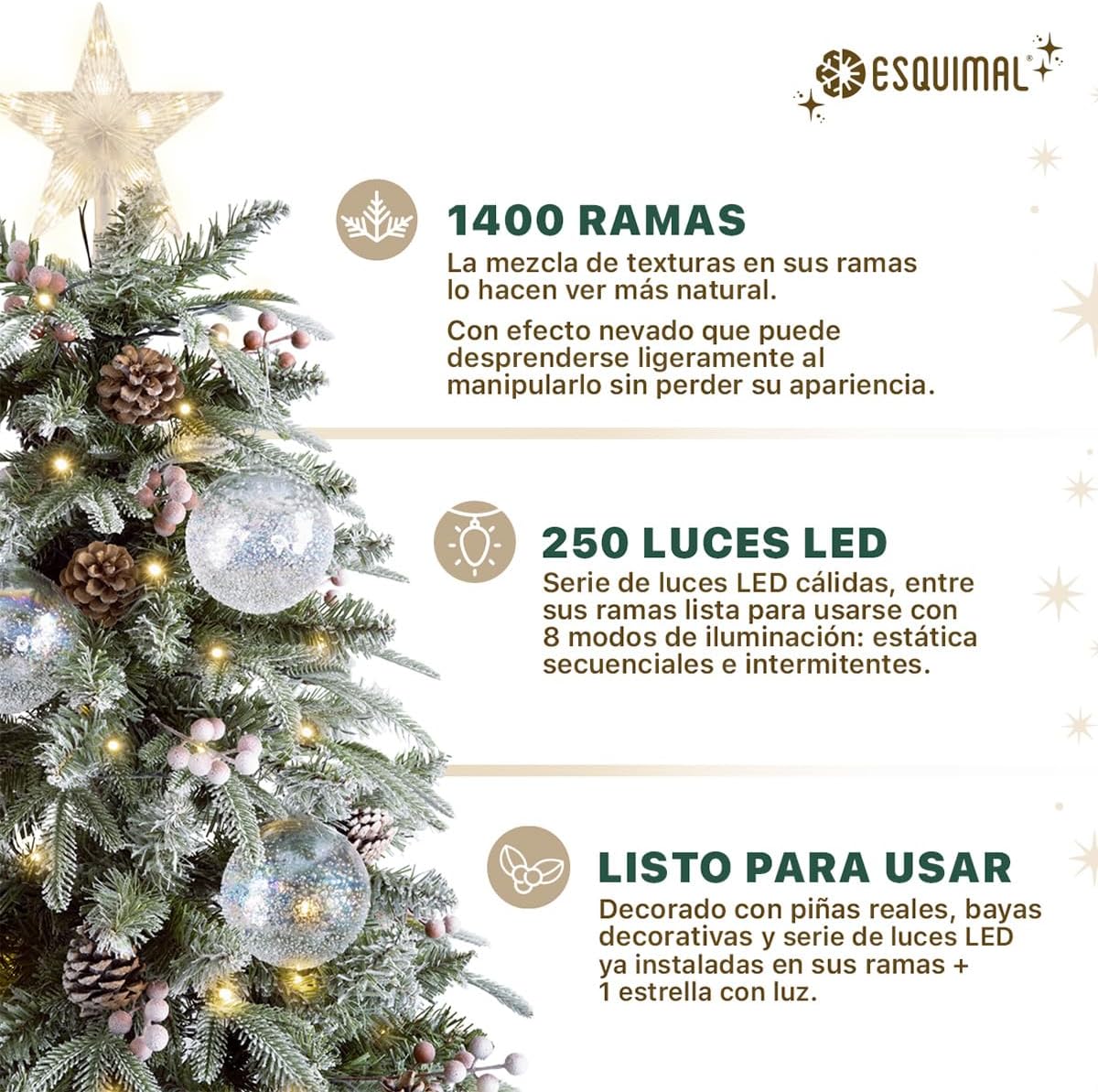 ESQUIMAL Árbol de Navidad Nevado con Luces LED 8 Modos de Iluminación + Estrella + Piñas + Bayas Rojas (1.80 m)